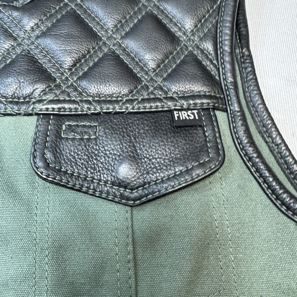First MFG Co Hunt Club Green Canvas Black Leather Motorcycle Riding Vest Small - Picture 6 of 15